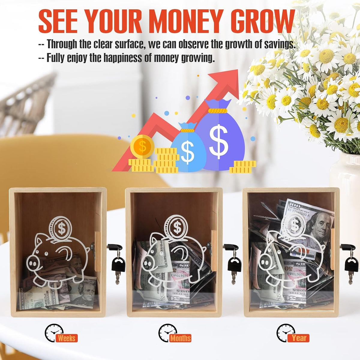 Piggy Bank with Lock, Openable Money Saving Box Bank Money Container Holder Jar for Cash Saving, Large Clear Saving Change Coin Jar Cash Box Money Penny Bank Vault for Adults Saver