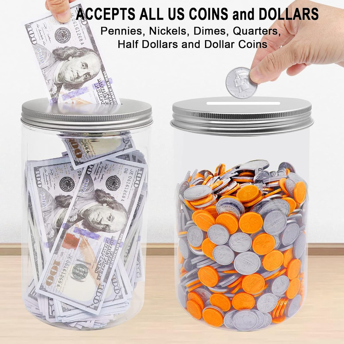 Large Coin Bank Jar, Big Clear Plastic Coin Money Tip Change Saving Piggy Jar with Silver Slotted Lid, Large Plastic Coins Piggy Money Change Clear Bank for Adults Teens Kids Girls Boys, XL