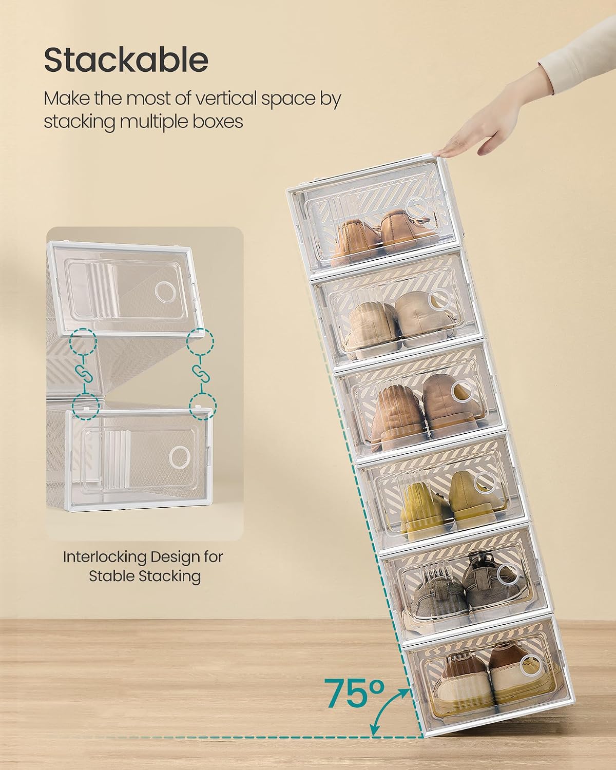 SONGMICS Stackable Shoe Boxes, Foldable, Ventilated Clear, Set of 12