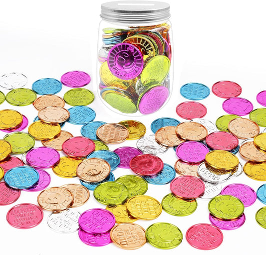 100 Pcs Caught Being Good Coins With Reward Jar, Colorful Plastic Incentive Behavior Tokens, Pretend Play Coins for Kids School Teacher