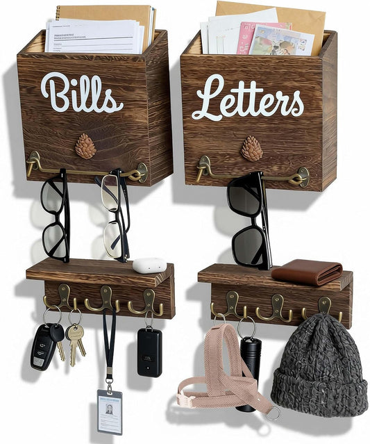 eBun Magnetic Mail Organizer with Key Hooks - 2-Pack Solid Wood Wall Mount for Letters & Bills, 12 Hooks Entryway Holder, No-Drill for Renters