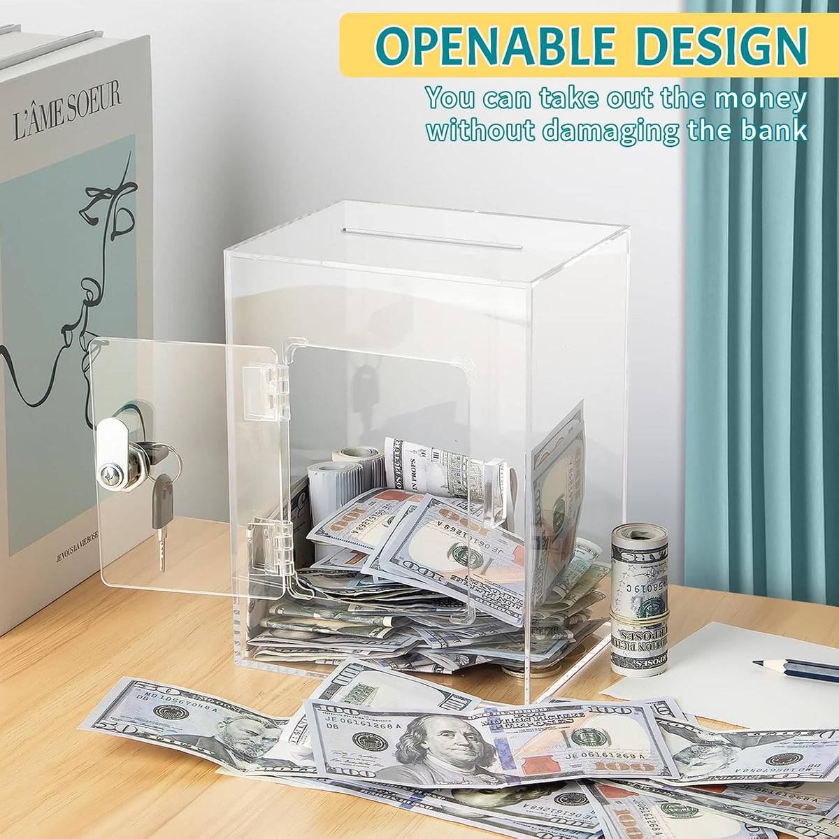 Clear Piggy Bank with Lock & Key for Adults Kids, Acrylic Money Saving Box