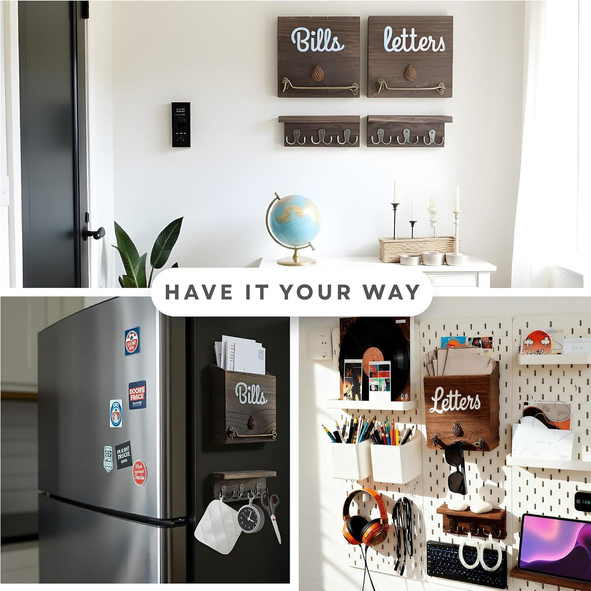 eBun Magnetic Mail Organizer with Key Hooks – 2-Pack Solid Wood Wall Mount for Letters & Bills, 12 Hooks Entryway Holder, No-Drill for Renters