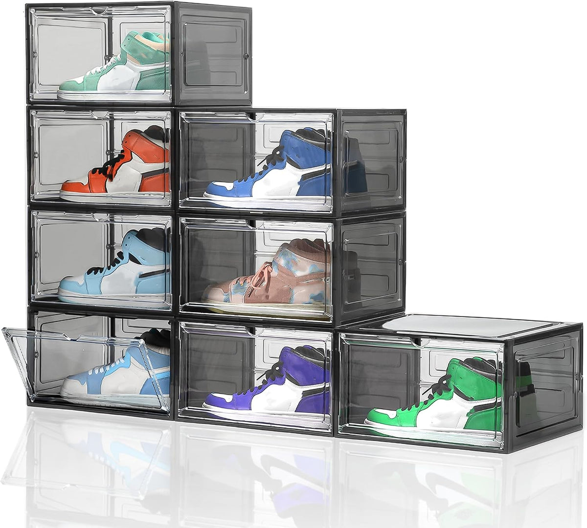 Attelite Large Shoe Boxes 8 Pack Drop Side Shoe Storage Containers Black