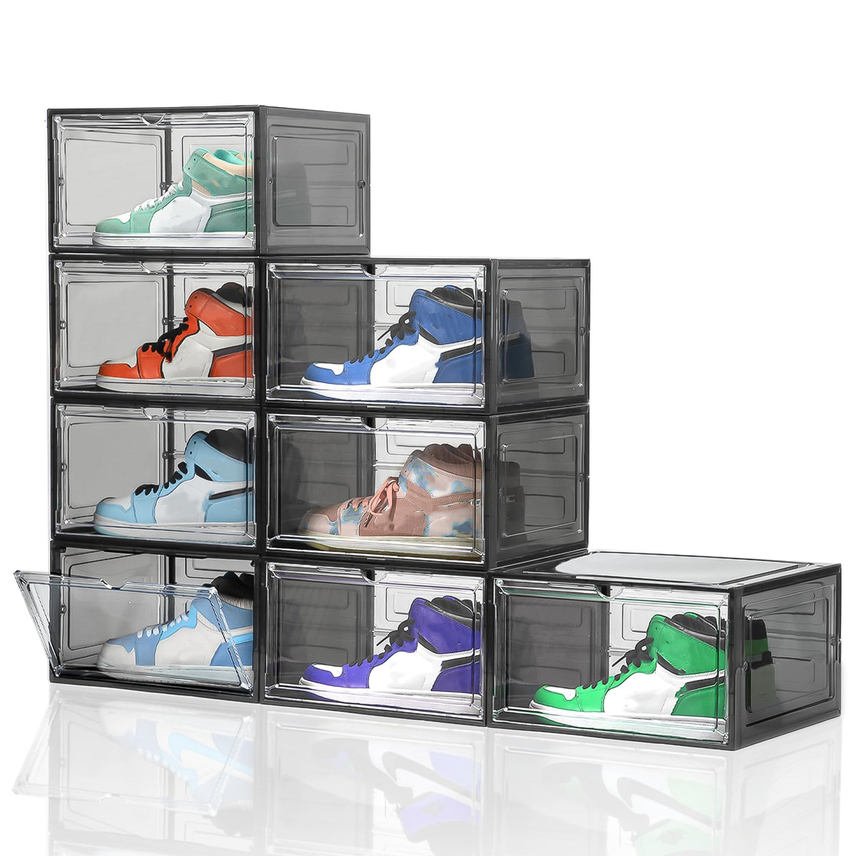 Attelite Large Shoe Boxes 8 Pack Drop Side Shoe Storage Containers Black