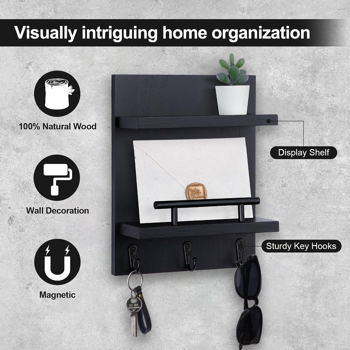 Magnetic Key Holder Wall Mount, Mail Shelf Decor with 3 Key Hooks