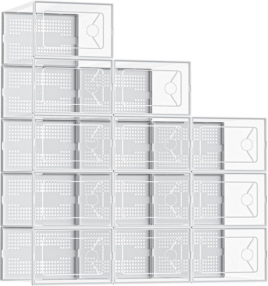 DUMOS Shoe Storage Boxes, 12-Pack Stackable Clear Shoe Containers with Lids, Display Sneaker Case Organizer for Closet, Under Bed, Entryway,White, Fit Size 11