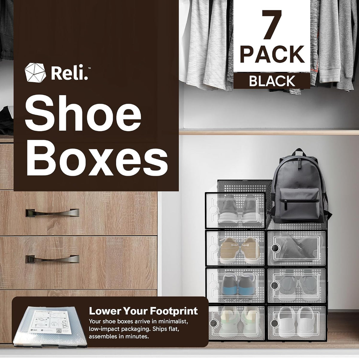 Reli. Shoe Box (7 Pack) | Clear Storage Shoe Box Stackable & Compact