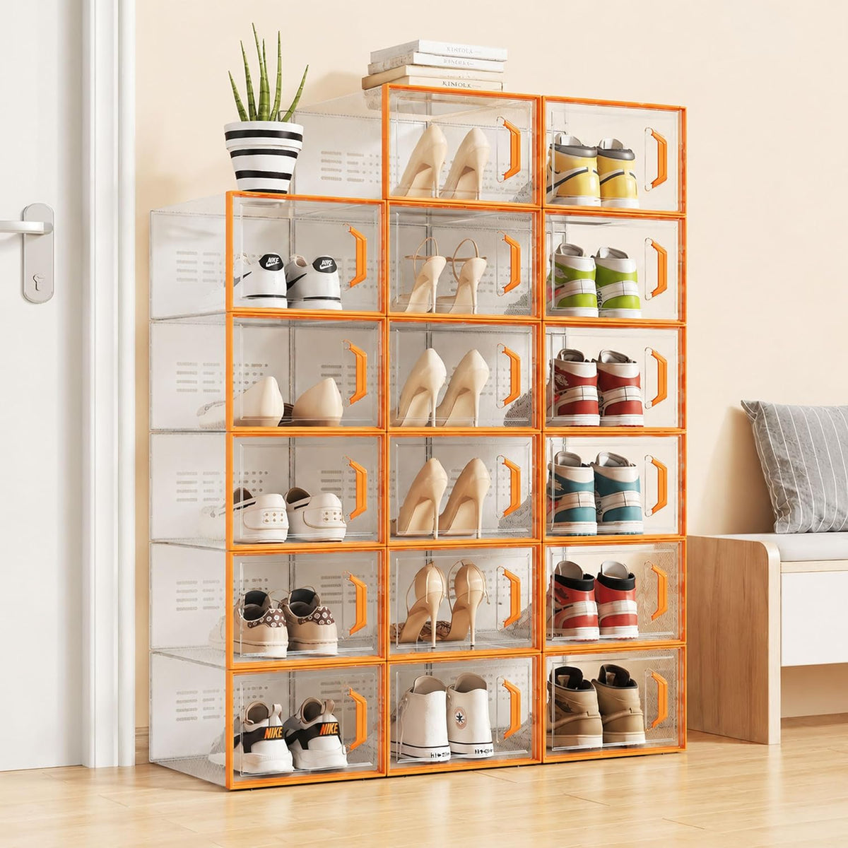 15 Pack Plastic Shoe Storage Boxes, Clear Stackable Shoe Organizer