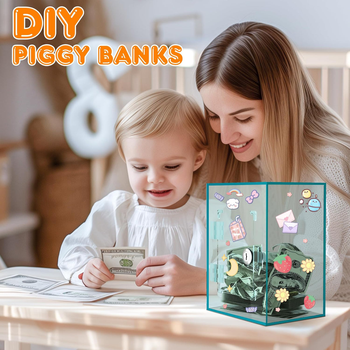Large Acrylic Clear Piggy Bank, Money Saving Box for Cash Saving with Key, Openable Clear Acrylic Savings Jar for Adults Kid (Blue-Green)