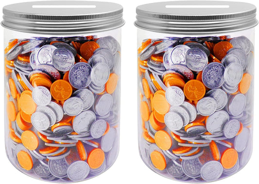 Large Coin Bank Jar 2-Pack, Big Clear Plastic Coin Money Tip Change Saving Piggy Jar with Silver Slotted Lid, Large Plastic Coins Piggy Money Change Clear Bank for Adults Teens Kids Girls Boys