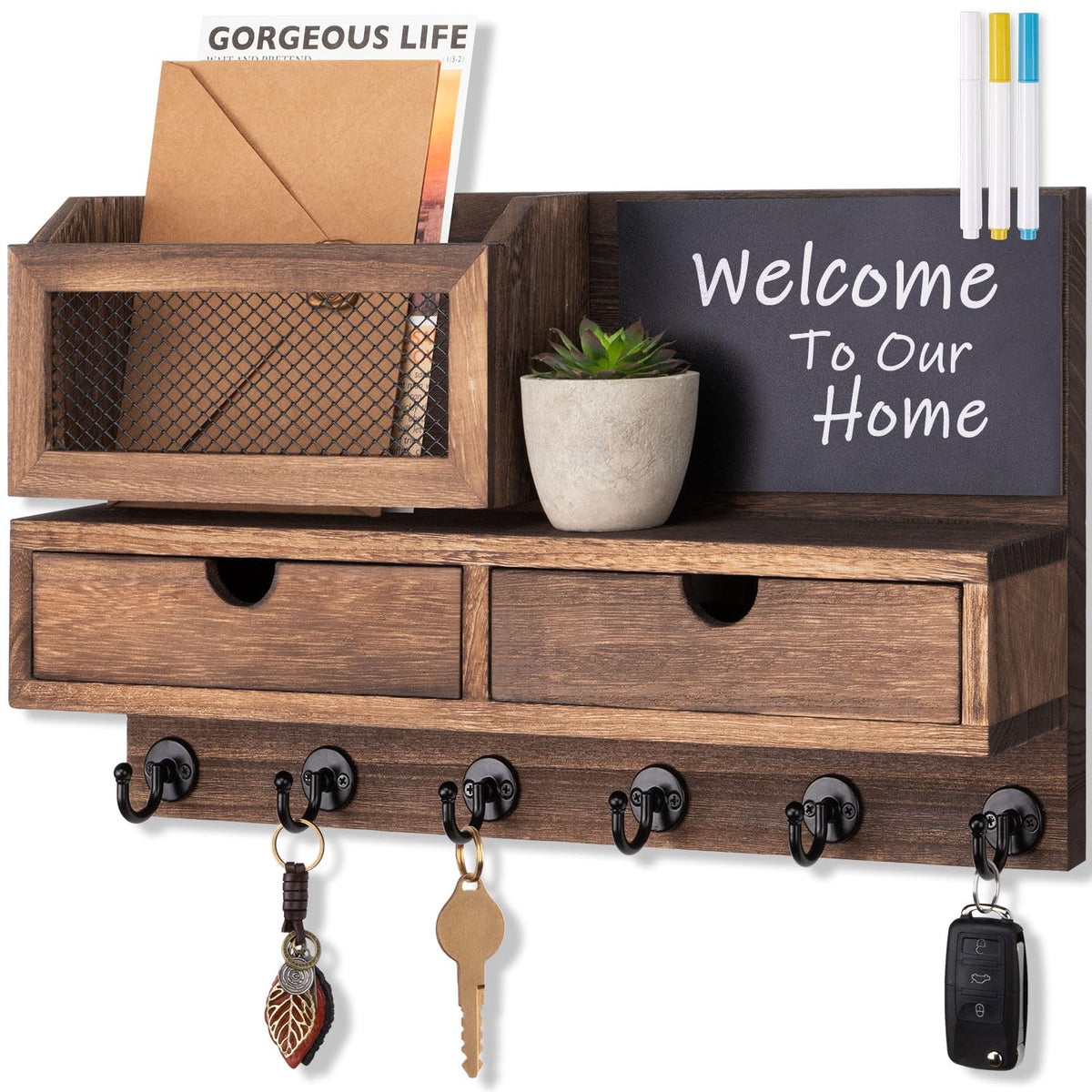 Key Holder for Wall, Key and Mail Holder for Wall with Storage Drawer, Entryway Rustic Home Decor, 3 Liquid Chalks & Chalkboard, 15.98”W x 9.1”H x 3.3”D, Black