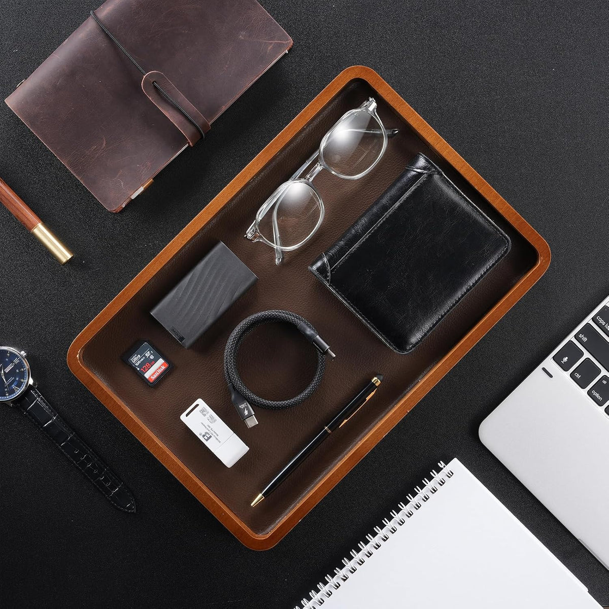 ProCase Wood Valet Tray for Men, Key Tray, Desk & Nightstand -DarkBrown