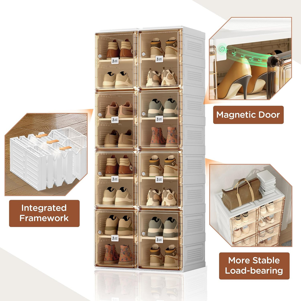 ANTBOX Shoe Organizer Storage Box, Portable Folding Shoe Rack For Closet With Magnetic Clear Door,Large Sneaker Cabinet Bins Sturdy Easy Assembly 8 Layers-16 Grids