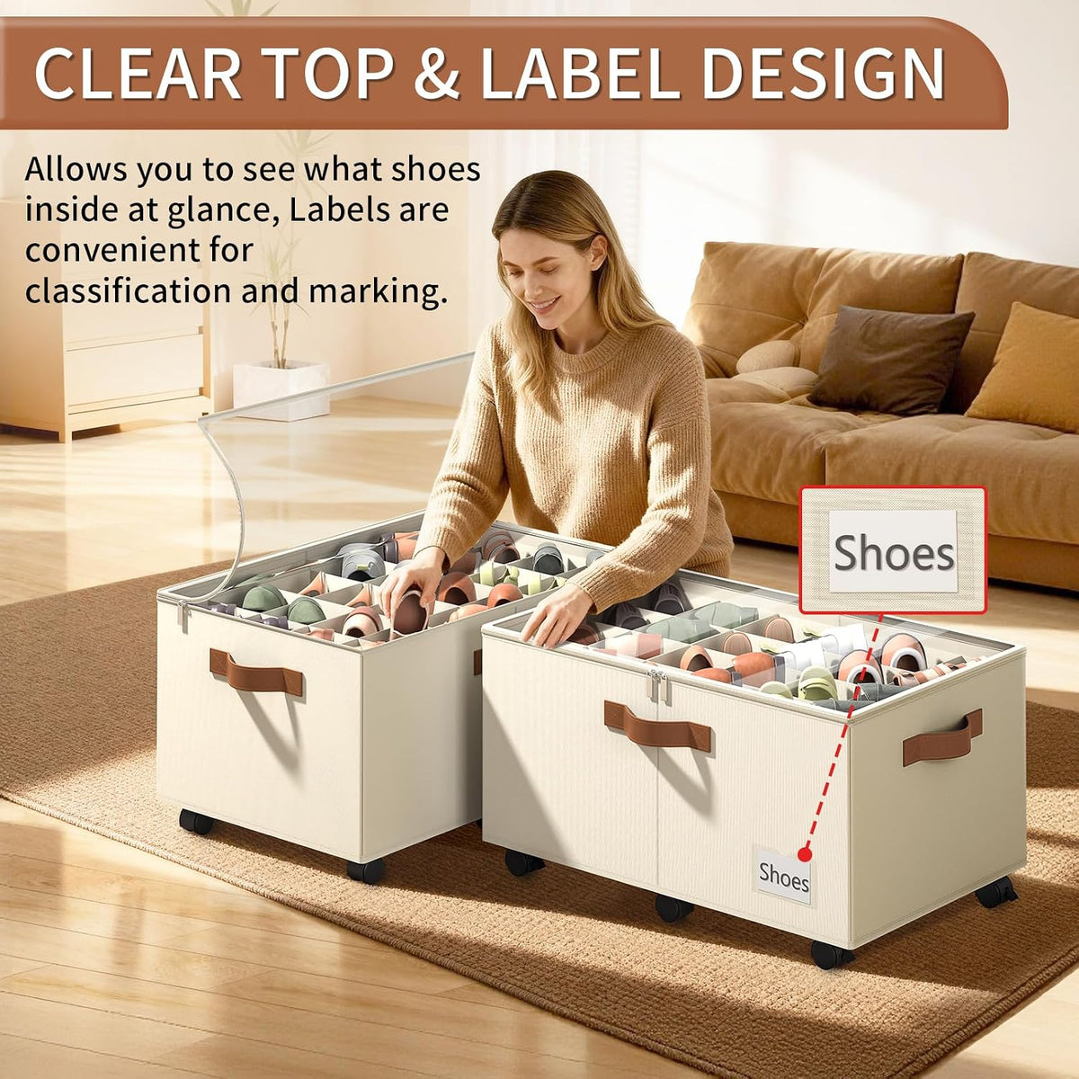 Foyego Shoe Organizer for Closet, Shoe Storage with Wheels, Beige