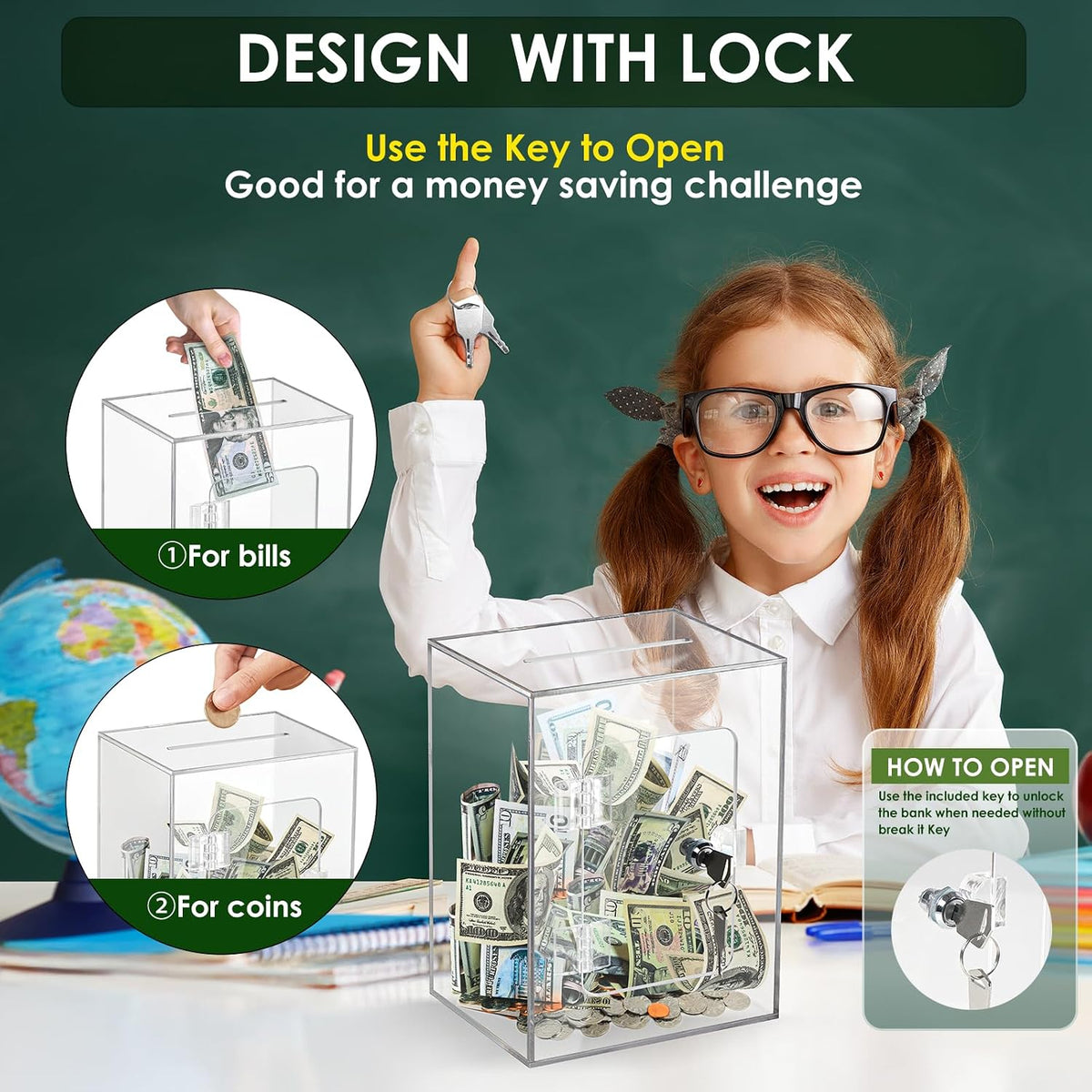 X-Large Piggy Bank for Adults Kids, Acrylic Clear Piggy Bank with Key