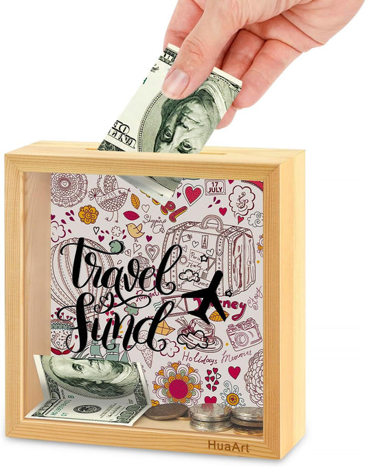 Piggy Bank for Kids. Wooden Money Coin Bank for Boys and Girls，Coin Bank Money Bank，Natural Wood Money Box，Travel Fund Printed on The Plexiglass Front.