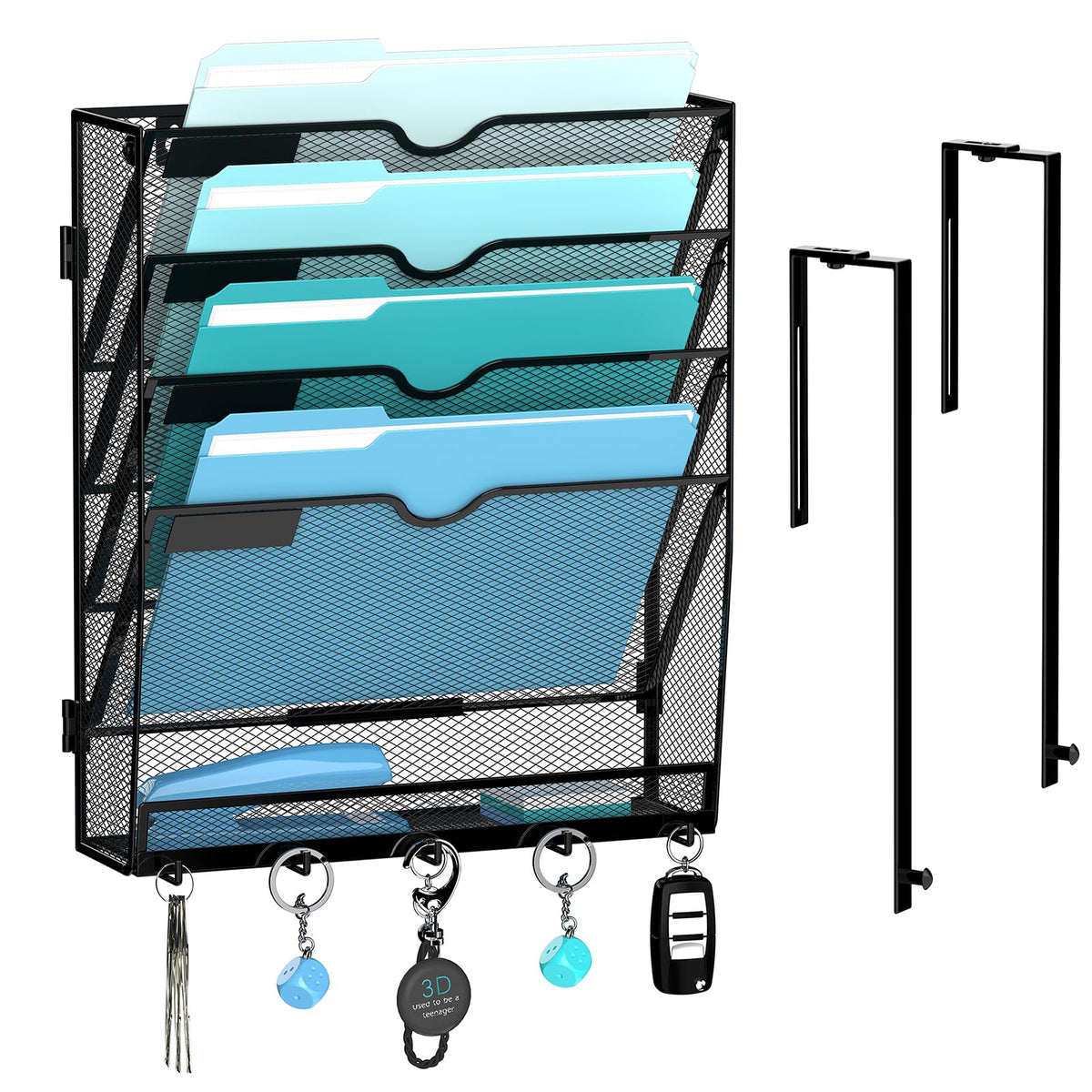 8-Tier Wall File Organizer and Mail Organizer with 5 Hooks, Black