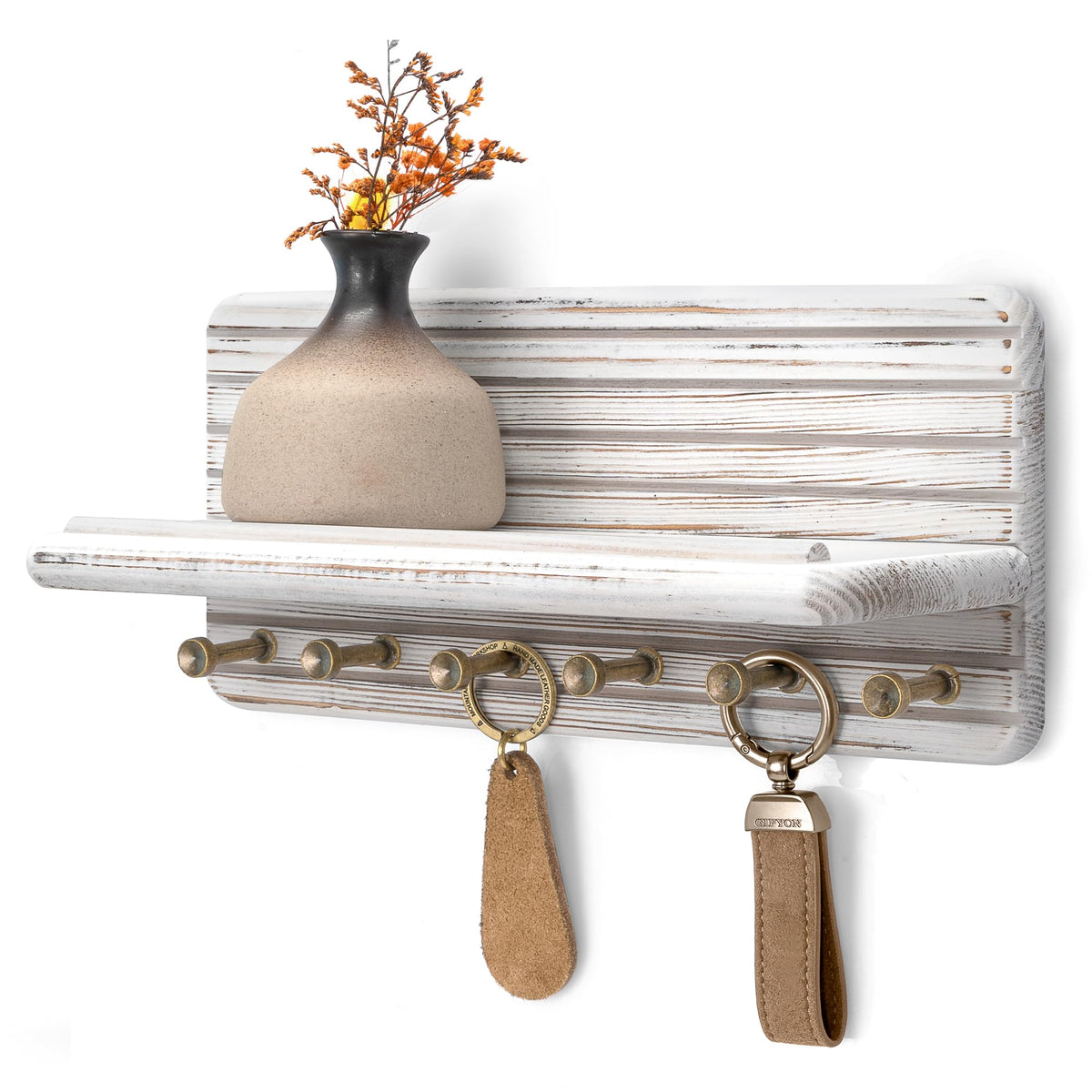 Rebee Vision Pine Wood Key Holder Wall Mount with Shelf for Entryway, Brown