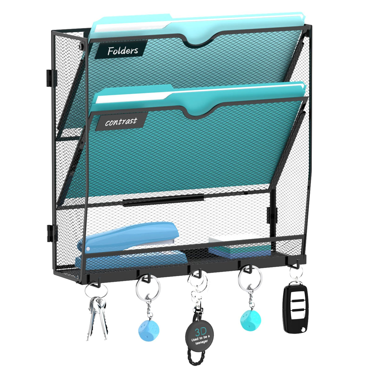 8-Tier Wall File Organizer and Mail Organizer with 5 Hooks, Black