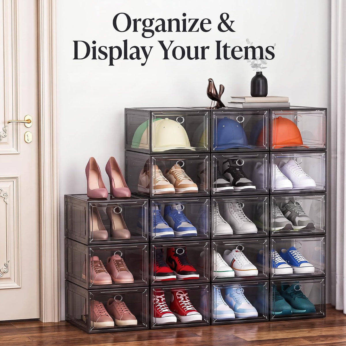 Sturdy Stackable Shoe Box,Clear Shoe Organizer with Magnetic Door