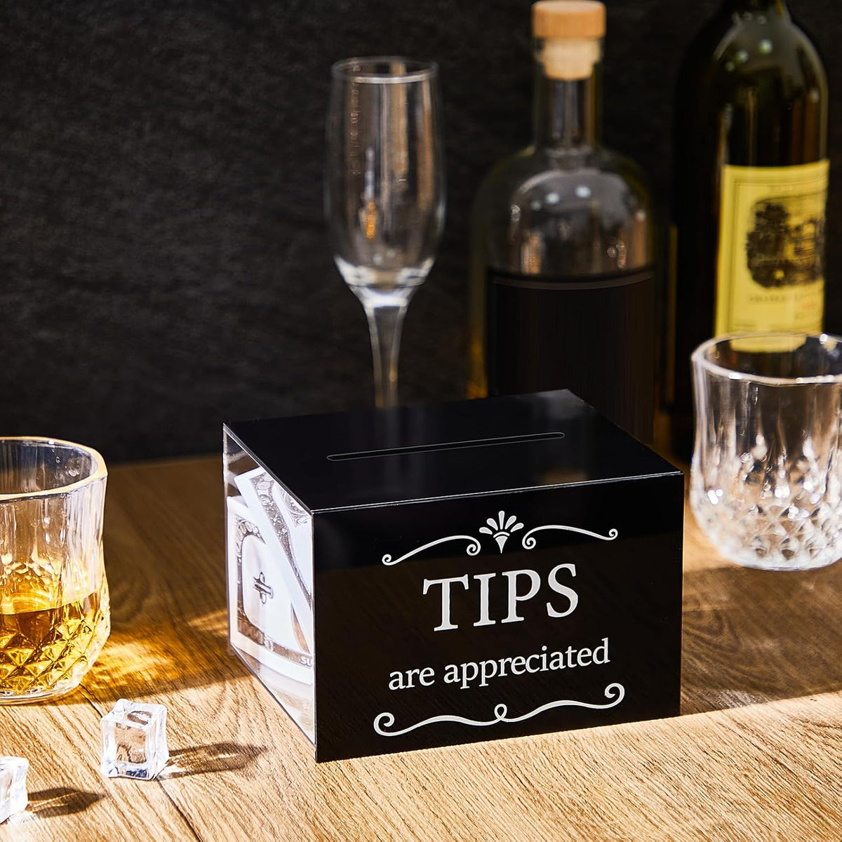 Vesici 2 Pcs Acrylic Tips Jar for Bartender Plastic Bar Tip Jar Donation Tip Bucket 6 x 4 x 5 Inch Coin Storage Container Suggestion Box Raffle Cash Box for Restaurants Musicians Driver Coin