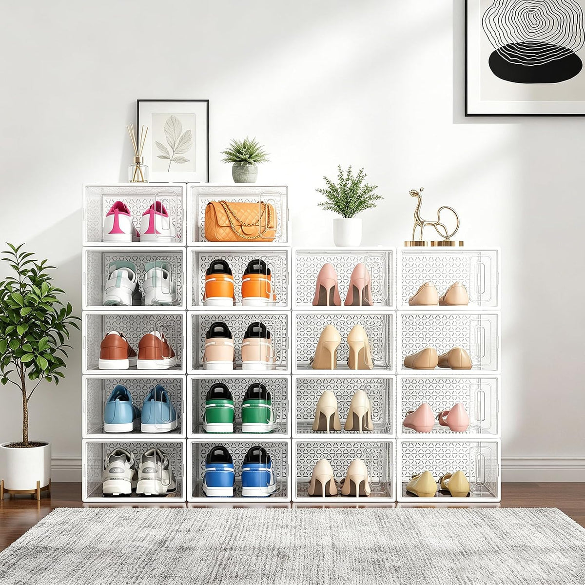 Shoe Boxes, 12 Pack Clear Plastic Stackable Shoe Storage Boxes Fit US Size 10, Ventilated Dust-Proof Sneaker Containers, Shoe Organizer for Closet, Entryway, 13.1 x 9 x 5.5 Inches, White