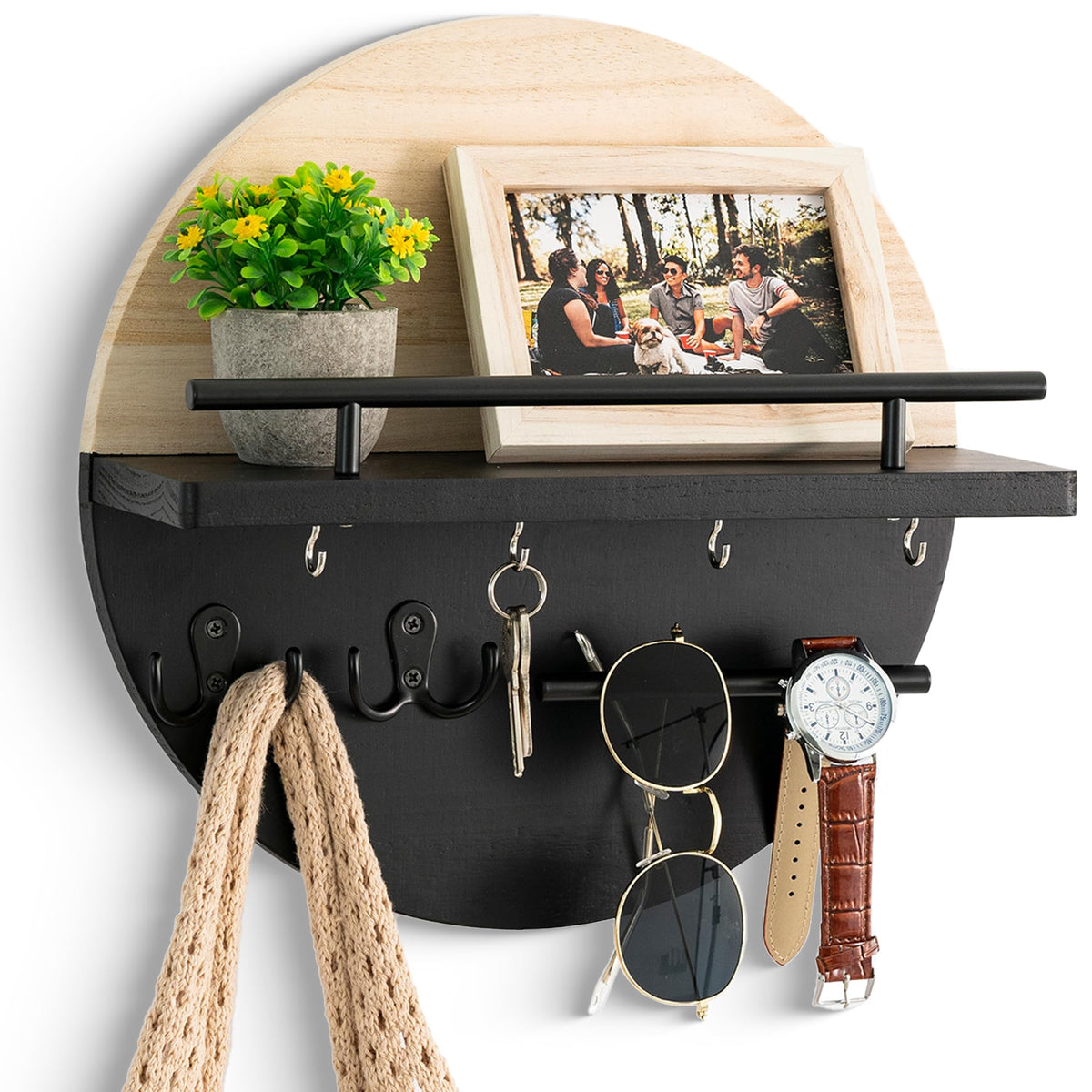 Key Holder Wall Mount with Shelf and Hooks, Mail Organizer for Wall, Black