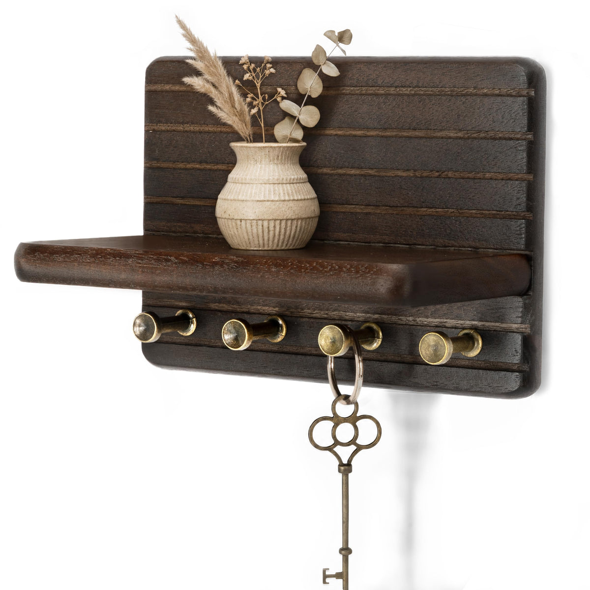 Rebee Vision Pine Wood Key Holder Wall Mount with Shelf for Entryway, Brown