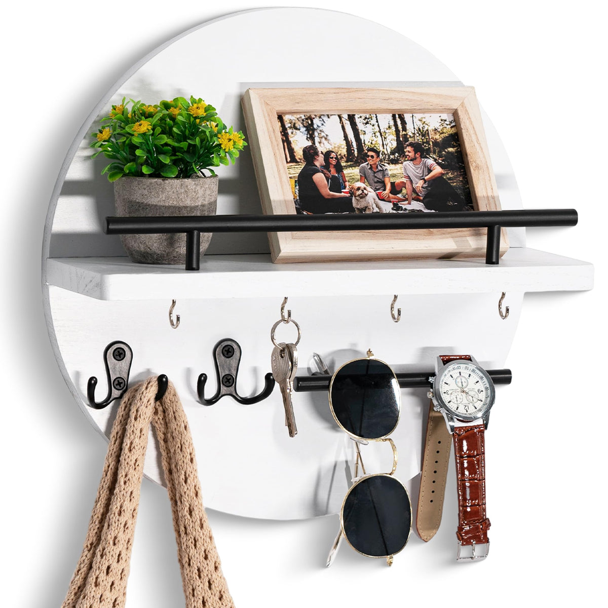 Key Holder Wall Mount with Shelf and Hooks, Mail Organizer for Wall, Black