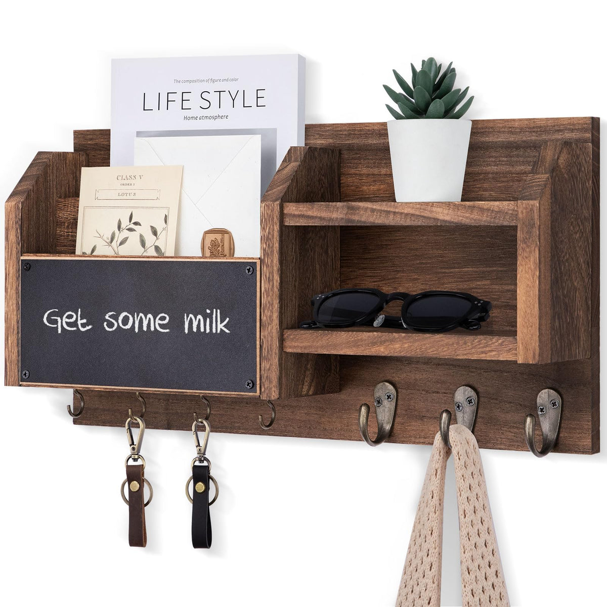 Lwenki Mail and Key Holder – Wall Mount Key Hanger with Shelf and 7 Metal Hooks – Decorative Natural Paulownia Wood Entryway Organizer with Mounting Hardware (16.5”W x 8.7”H x 3.5”D) (White)