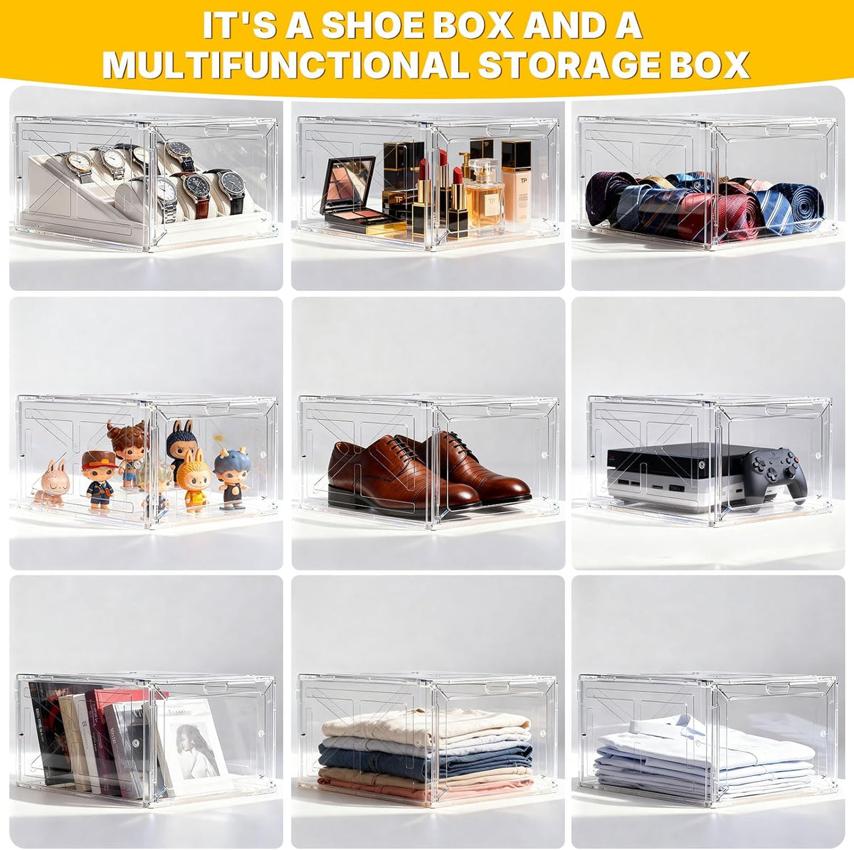 6 Pack Large Drop-Front Black Transparent Shoe Boxes, Stackable Sneaker Storage Container for Closet, Fits US Size 13+, Magnetic Front Door, Heavy-Duty Reinforced Plastic Shoe Organizer