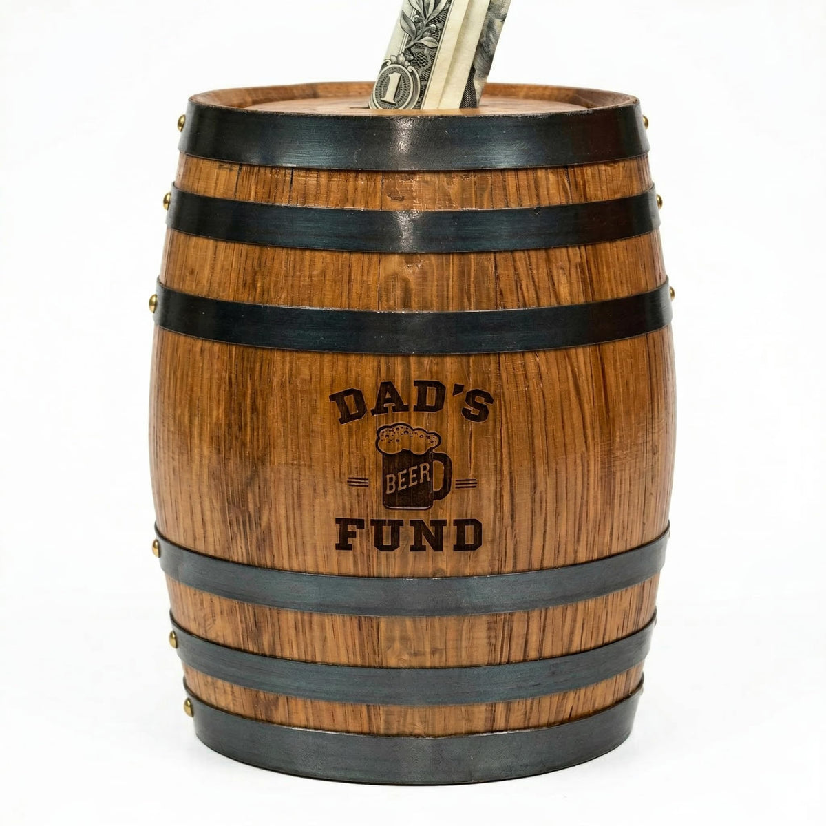 Handmade Wooden Oak Whiskey Barrel Piggy Bank for Adults, Money Saver
