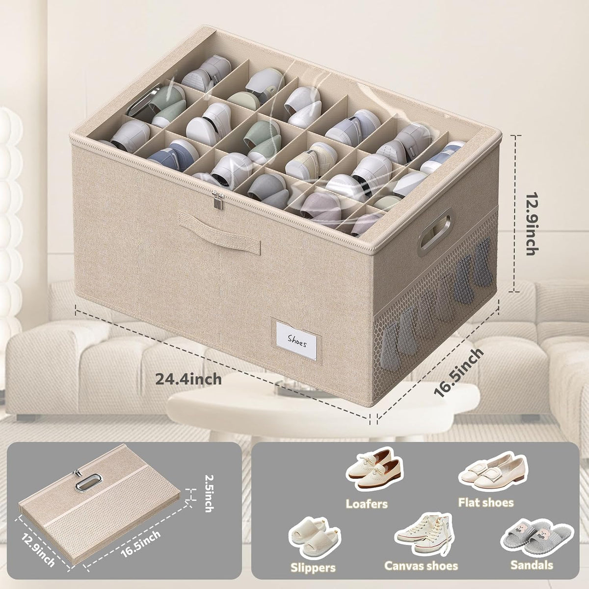 Shoe Organizer for Closet, Shoe Box Storage Containers Fit 18 Pairs Foldable Shoe Storage Bins with Clear Cover & Adjustable Dividers for Shoes Blankets Linen Clothing (Beige, (24.4*16.5*12.9)x1)