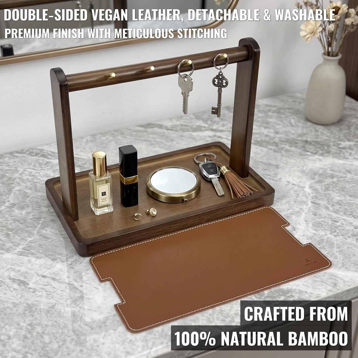 Bamboo Valet Tray with Hooks- Men's EDC Key Tray