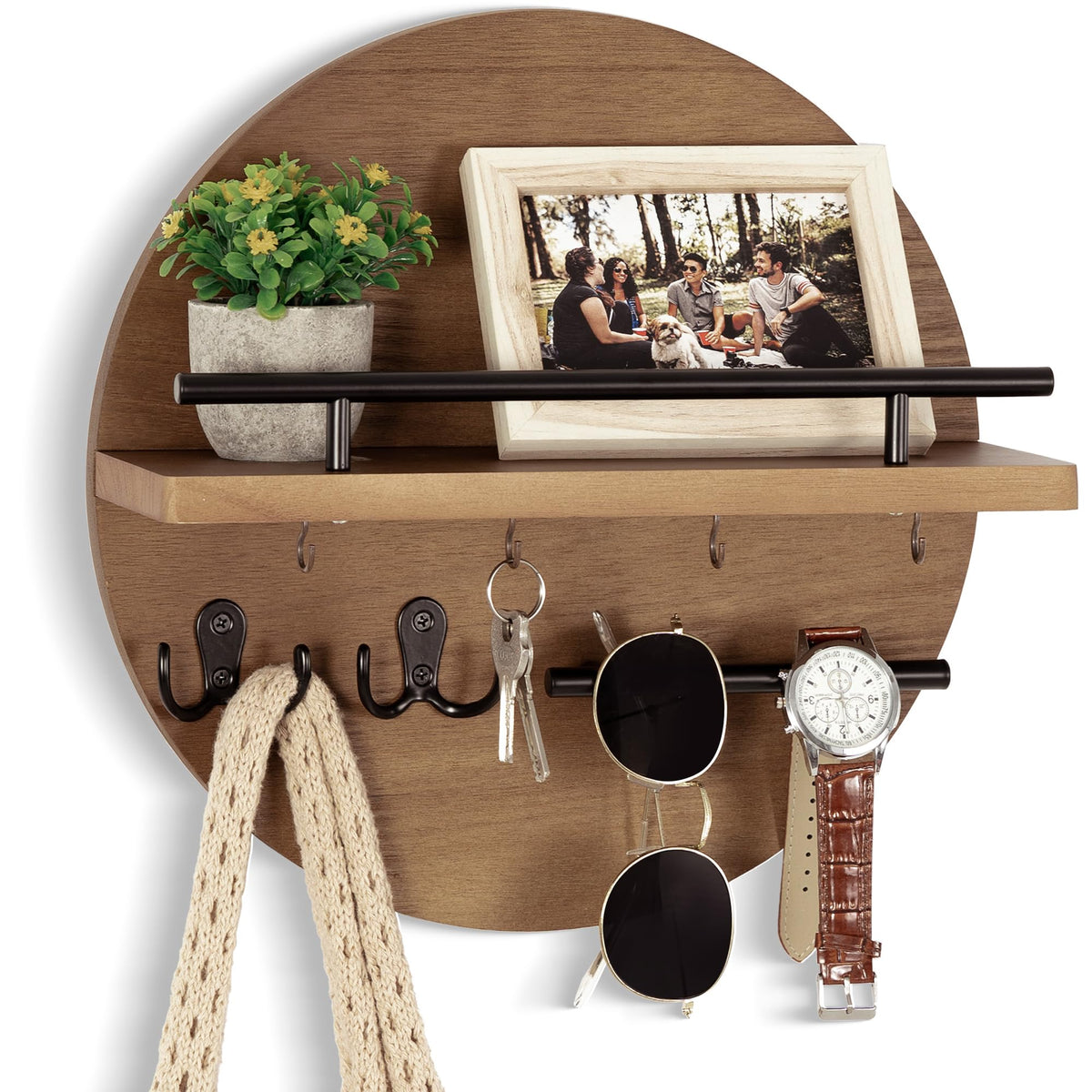 Key Holder Wall Mount with Shelf and Hooks, Mail Organizer for Wall, Black