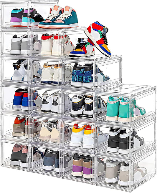 MMBABY 12 Pack Acrylic Clear Shoe Boxes, Ultra Clear Stackable Sneaker Display Cases with Magnetic Door, Professional Grade Shoe Display Case for Sneakers & Boots, Fits Up to US Men's Size 15