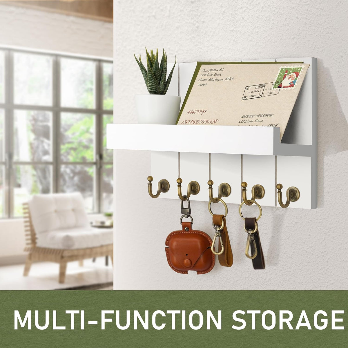 Rebee Vision Key Holder Wall Mount with 5 Key Hooks for Entryway, White