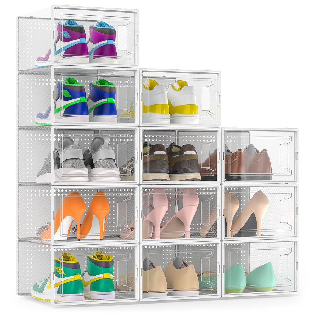 12 Pack Large Stackable Clear Plastic Shoe Storage Boxes Organizer, White