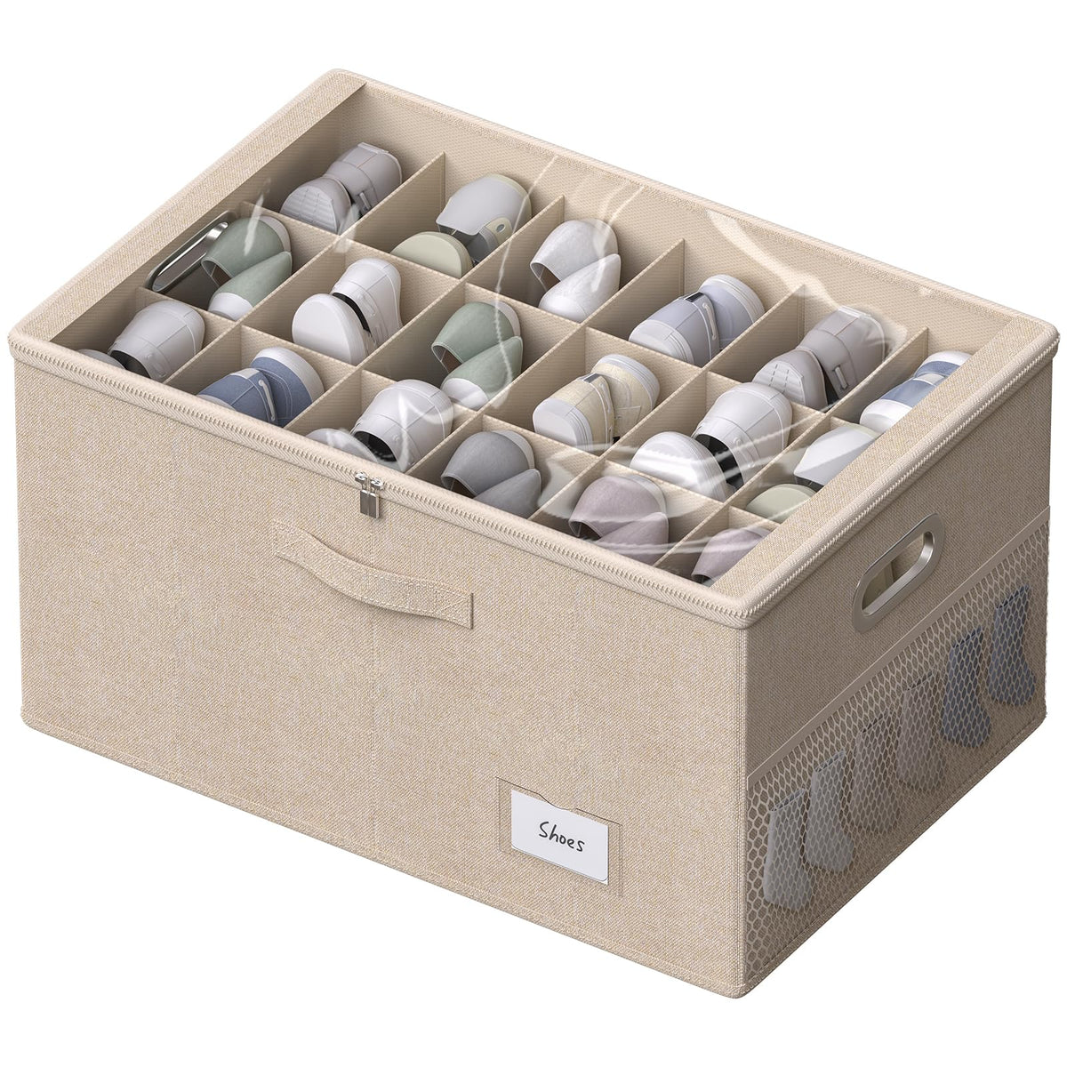 Shoe Organizer for Closet, Shoe Box Storage Containers Fit 18 Pairs Foldable Shoe Storage Bins with Clear Cover & Adjustable Dividers for Shoes Blankets Linen Clothing (Beige, (24.4*16.5*12.9)x1)