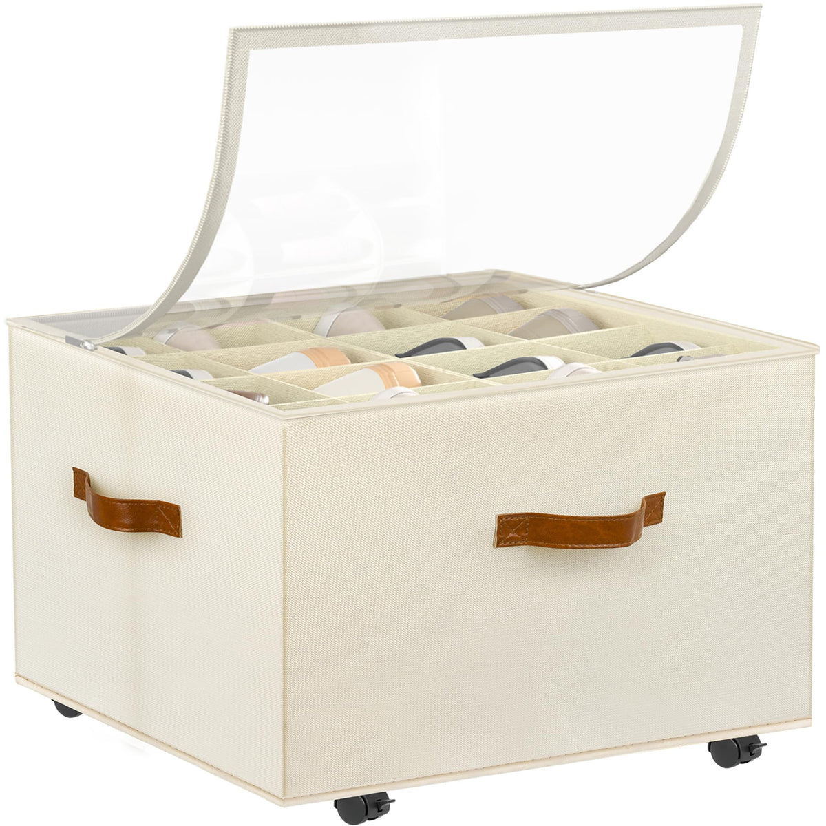Foyego Shoe Organizer for Closet, Shoe Storage with Wheels, Beige