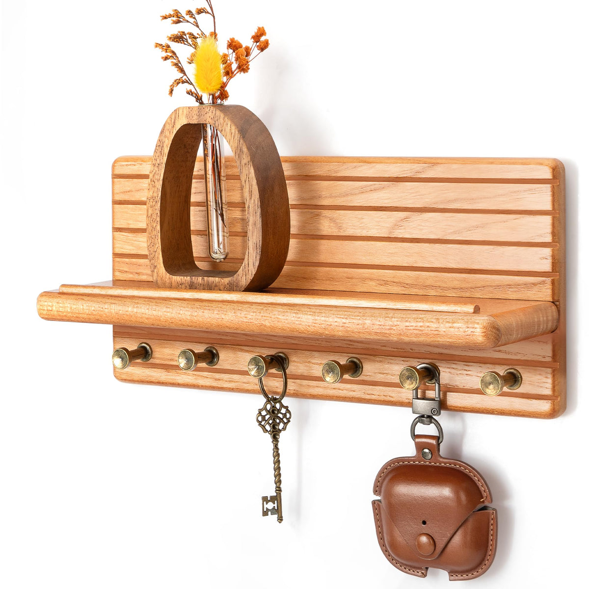 Rebee Vision Pine Wood Key Holder Wall Mount with Shelf for Entryway, Brown