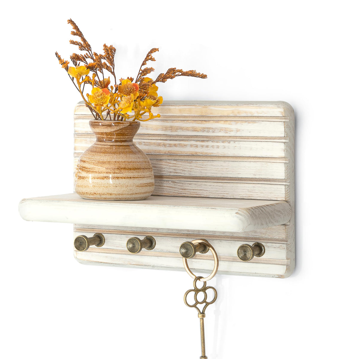 Rebee Vision Pine Wood Key Holder Wall Mount with Shelf for Entryway, Brown