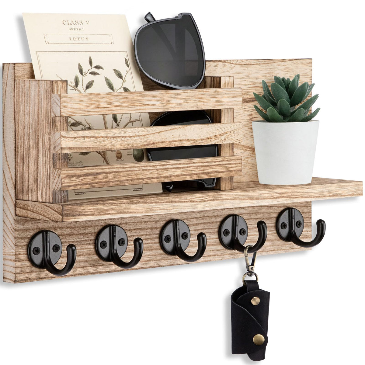 Lwenki Key Holder for Wall – Decorative Wooden Mail Holder and Key Shelf with Mounting Hardware, Installation Guide – Paulownia Wood with Metal Key Hooks (Brown, Large - 11.8inch)