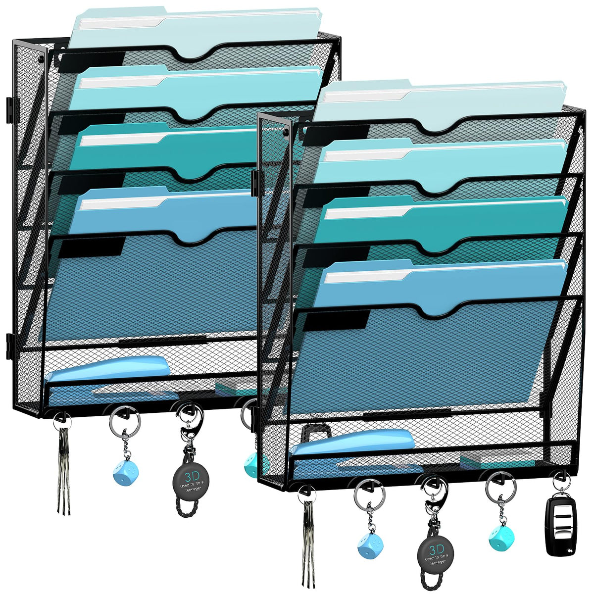 8-Tier Wall File Organizer and Mail Organizer with 5 Hooks, Black