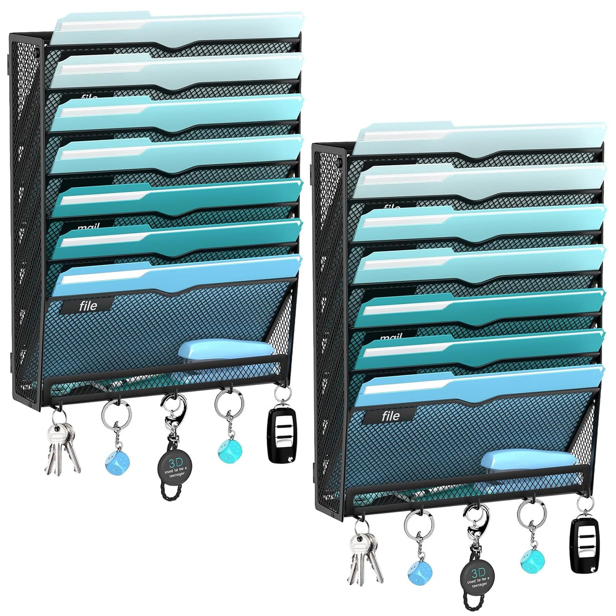 8-Tier Wall File Organizer and Mail Organizer with 5 Hooks, Black