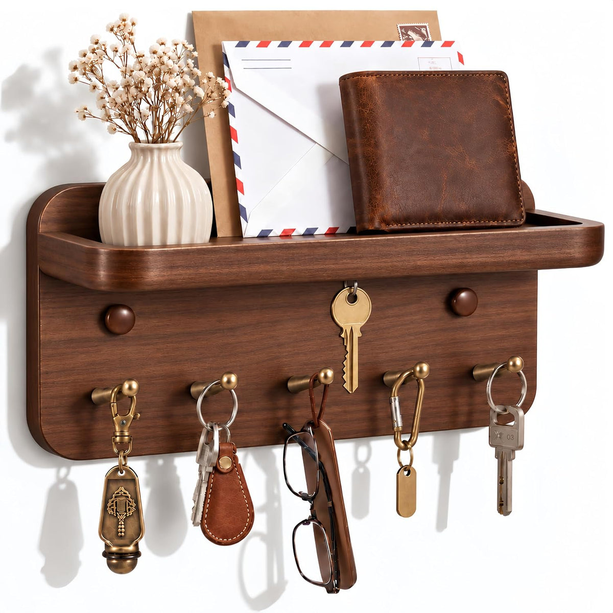 Mifoci Solid Wood Key Holder for Wall, 5 Brass Hooks & 3 Hidden Magnets