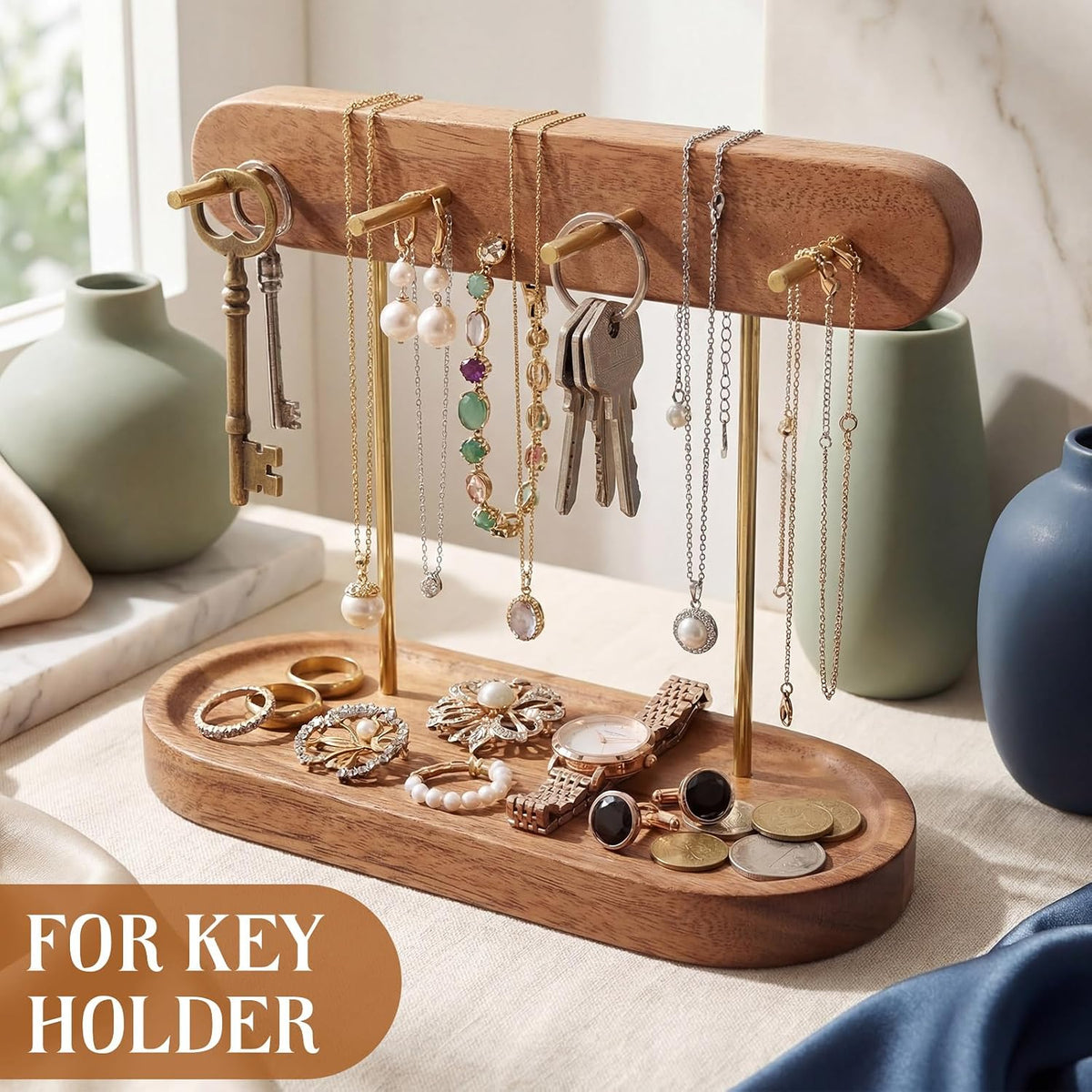 RattanView Solid Walnut Entryway Key Holder for Table, Mid-Century Key Stand with Tray, Wood Keys Holder with 4 Hooks, Jewelry Tray & Dish for Wallet Rings Catchall