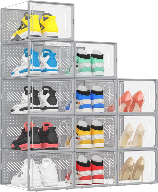 eWonLife Large Shoe Organizer Storage Box with Magnetic Door,12 Pack Clear Plastic Stackable Sneaker Containers for Closet, Connect Left and Right Shoe Box for Entryway, Drop Front, Under Bed (Grey)