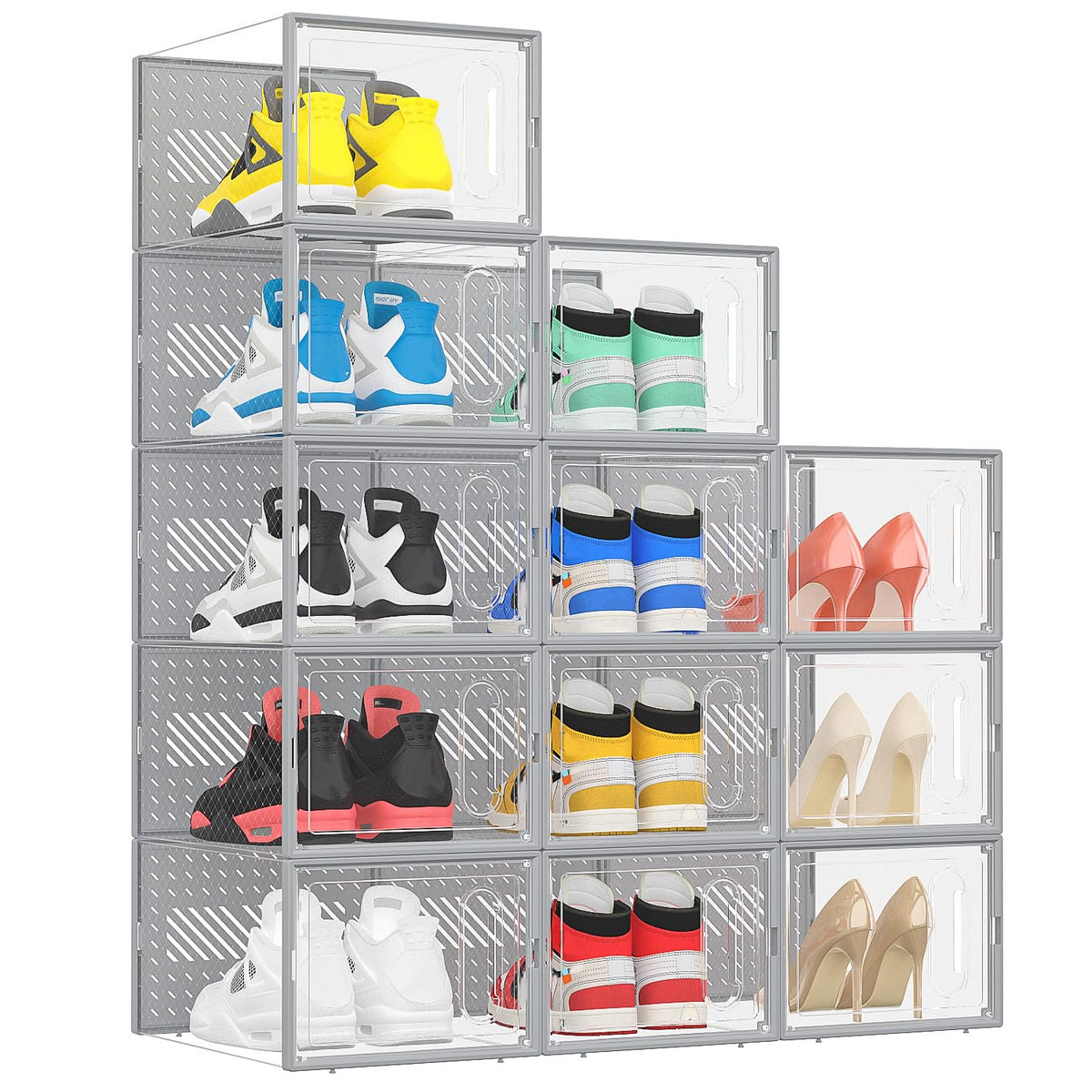 eWonLife Large Shoe Organizer Storage Box with Magnetic Door,12 Pack Clear Plastic Stackable Sneaker Containers for Closet, Connect Left and Right Shoe Box for Entryway, Drop Front, Under Bed (Grey)